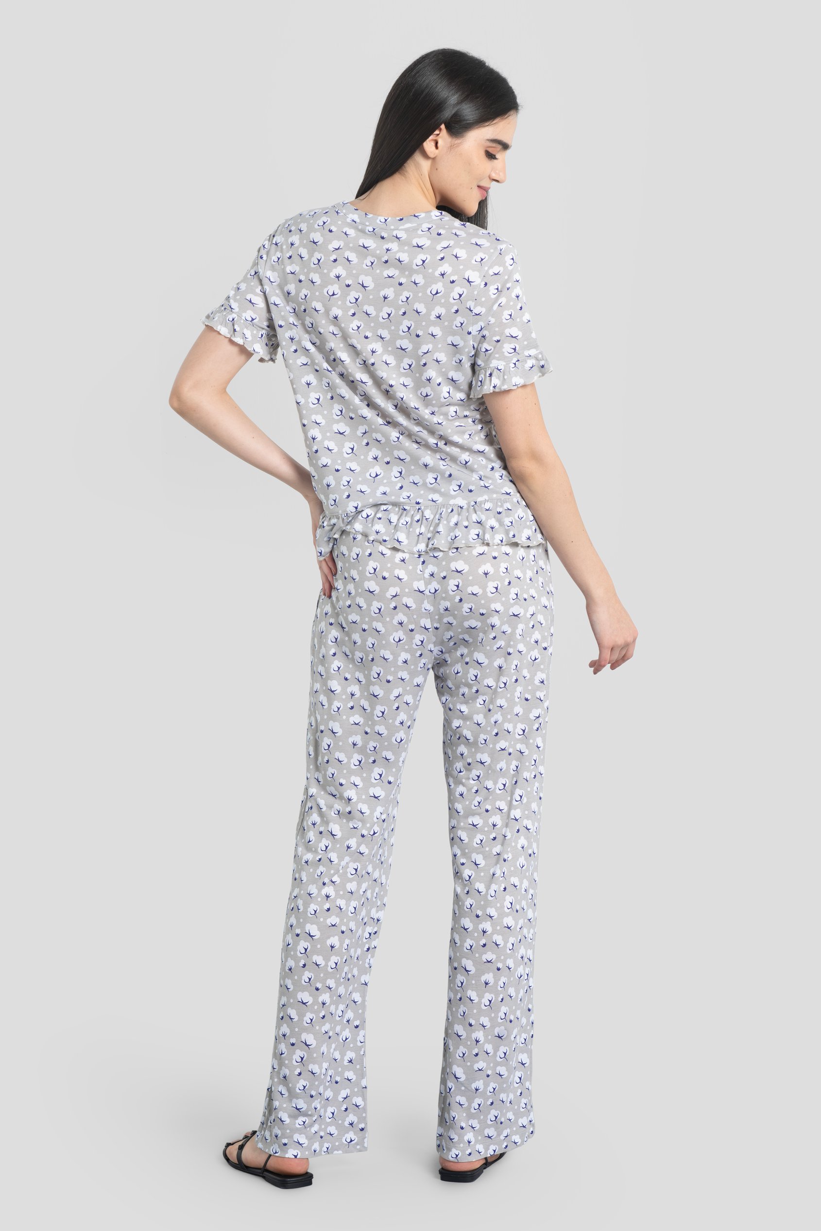 Short Ruffle Sleeve Cotton Printed Pyjamas Set