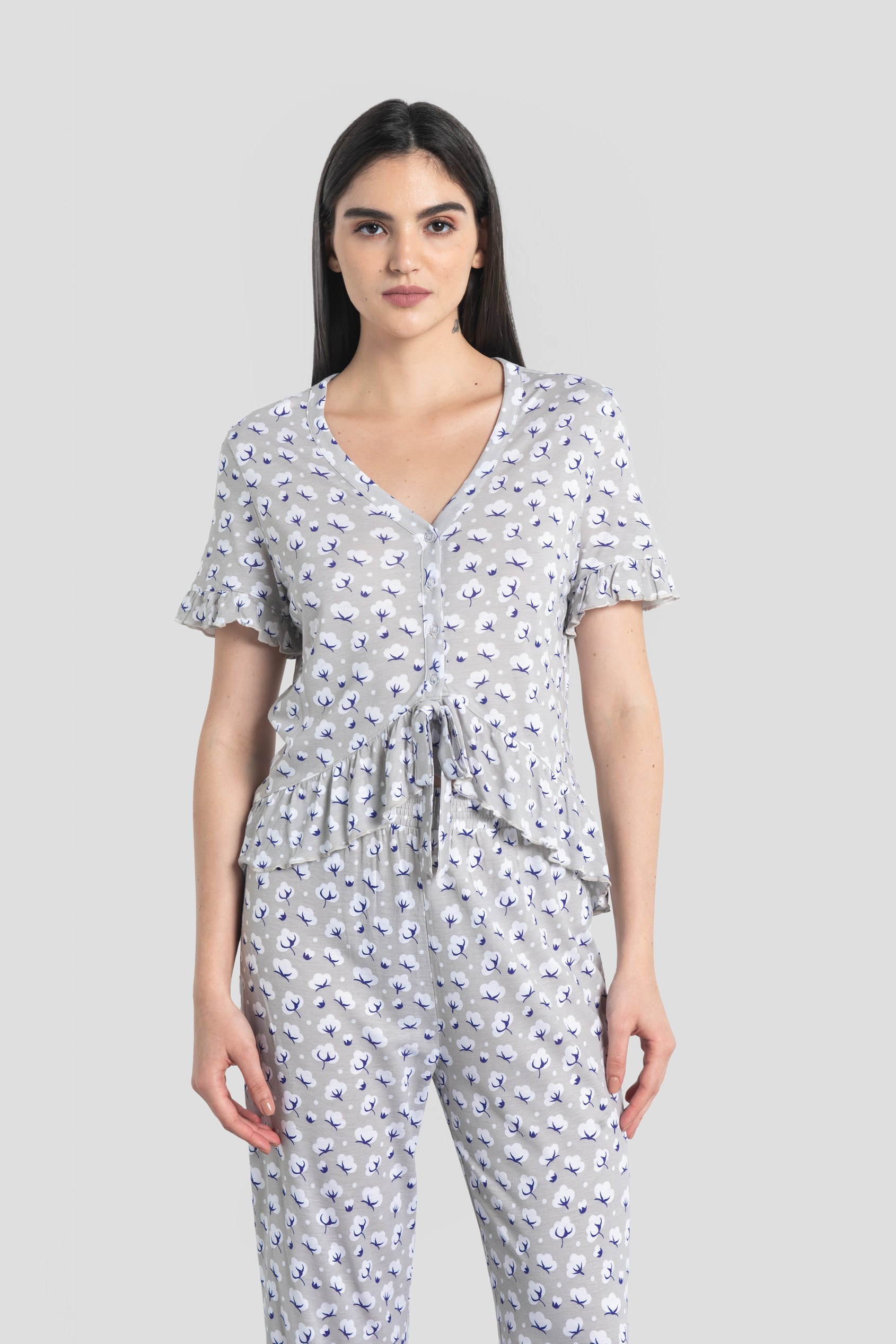 Short Ruffle Sleeve Cotton Printed Pyjamas Set