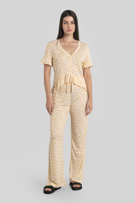 Cream Short Ruffle Sleeve Cotton Printed Pyjamas Set