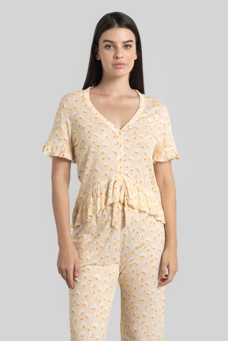 Cream Short Ruffle Sleeve Cotton Printed Pyjamas Set