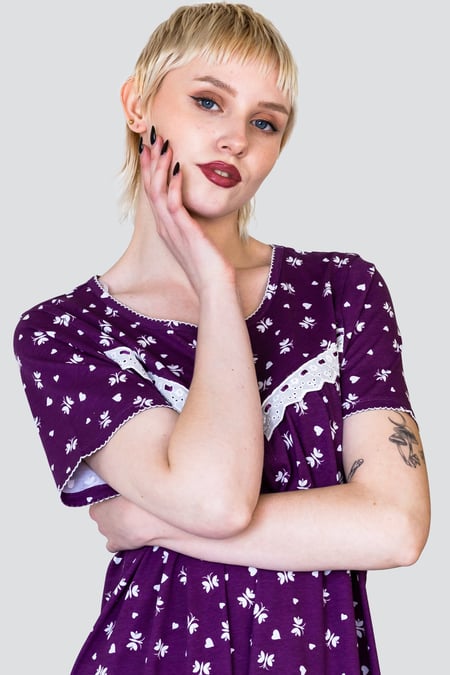 Purple Butterfly Printed S/S Nightwear With Lacetrims