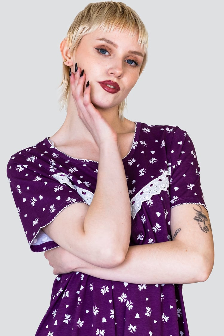 Butterfly Printed S/S Nightwear With Lacetrims