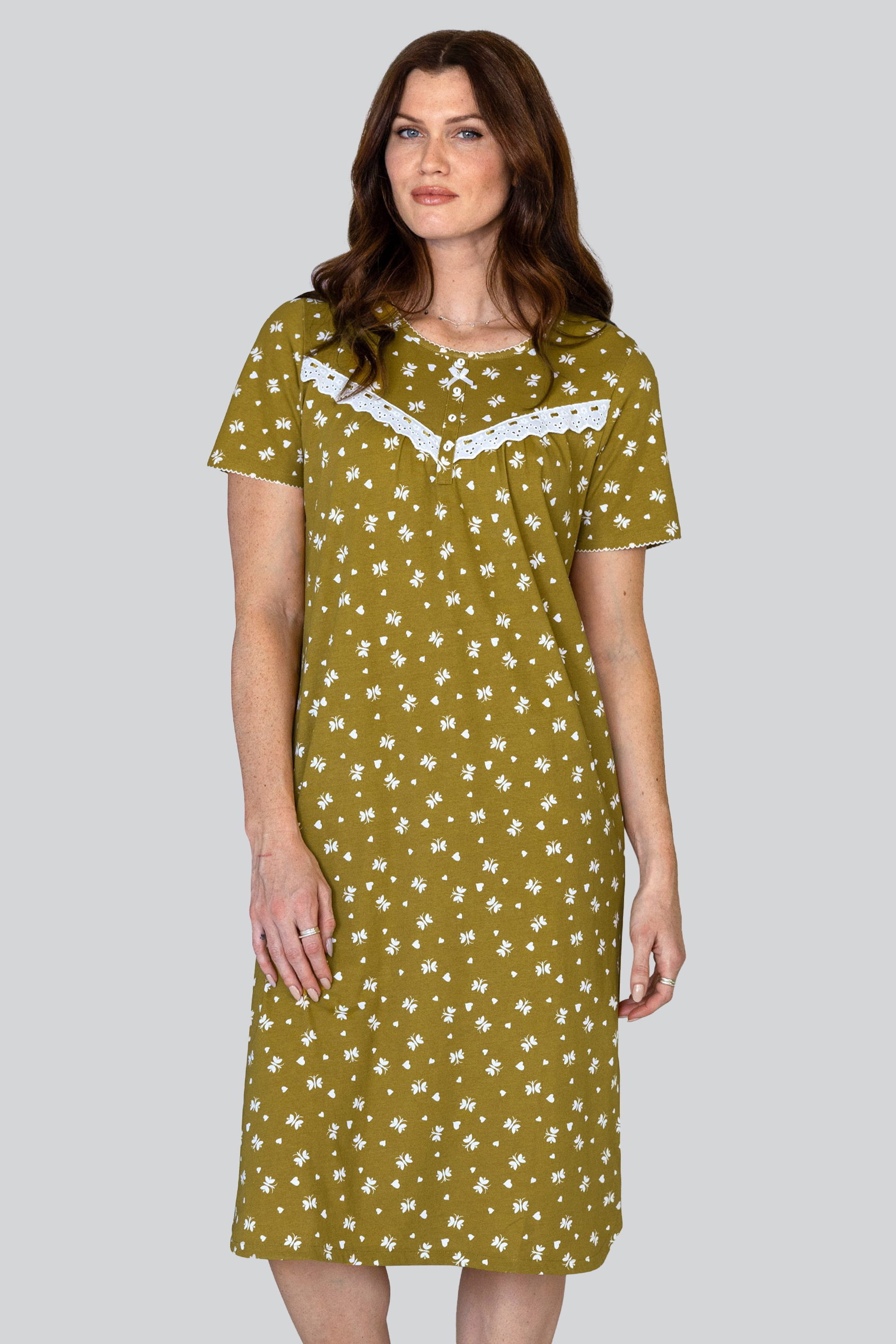 Butterfly Printed S/S Nightwear With Lacetrims