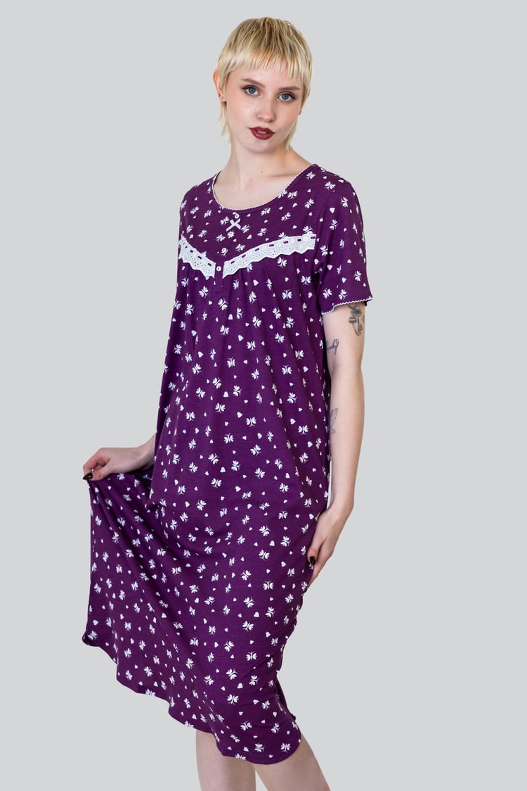Butterfly Printed S/S Nightwear With Lacetrims