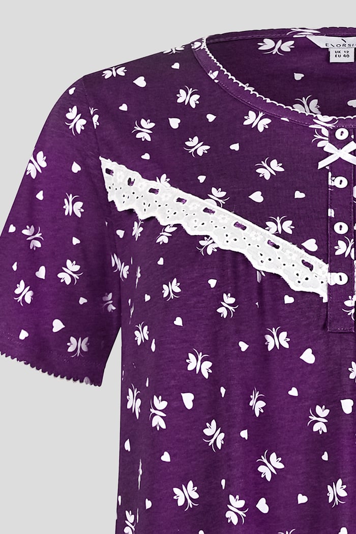 Butterfly Printed S/S Nightwear With Lacetrims