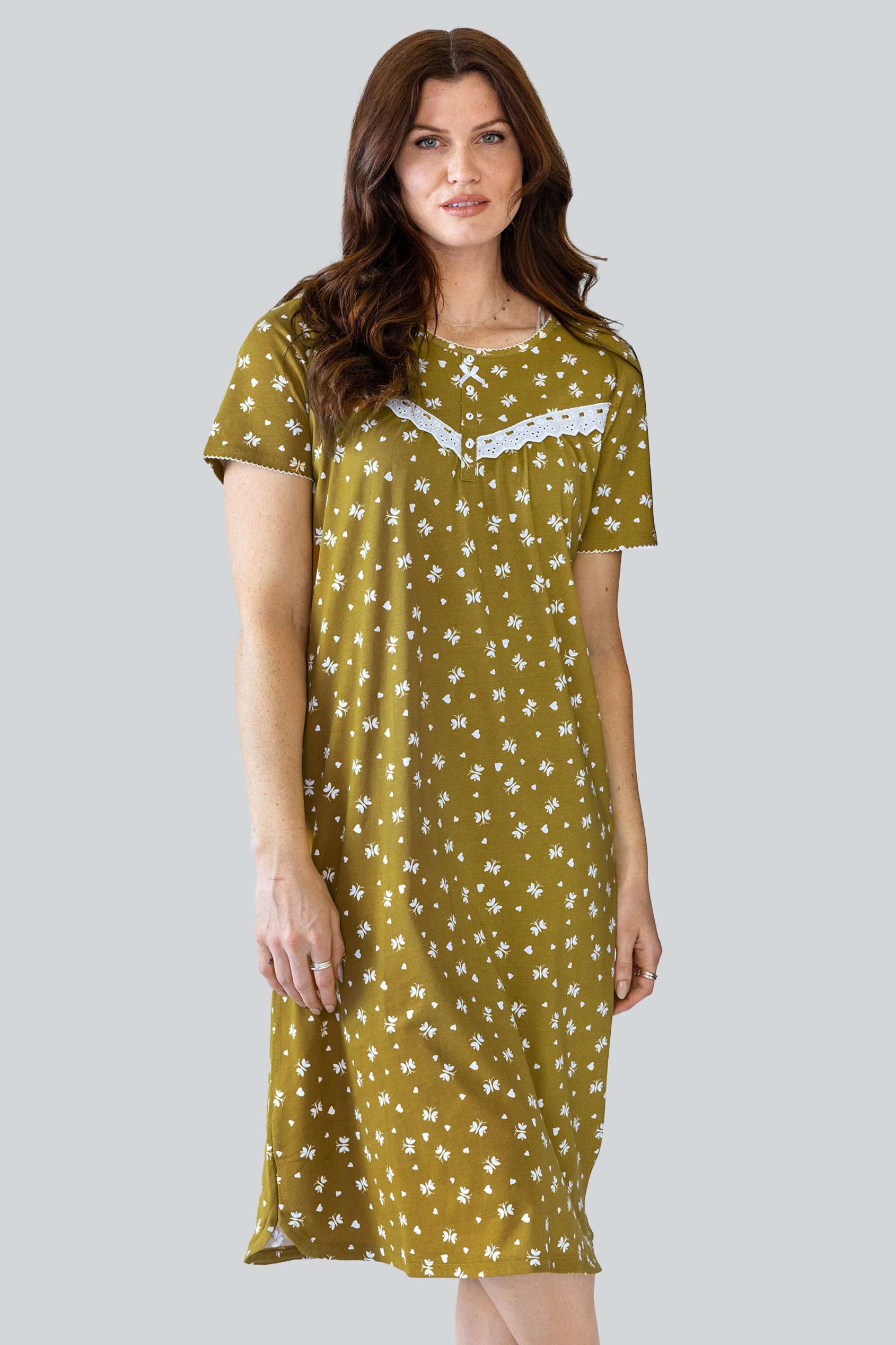 Butterfly Printed S/S Nightwear With Lacetrims