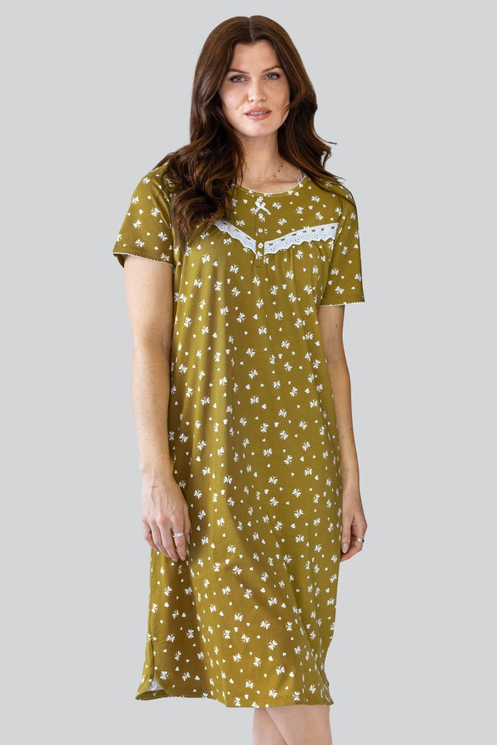 Butterfly Printed S/S Nightwear With Lacetrims