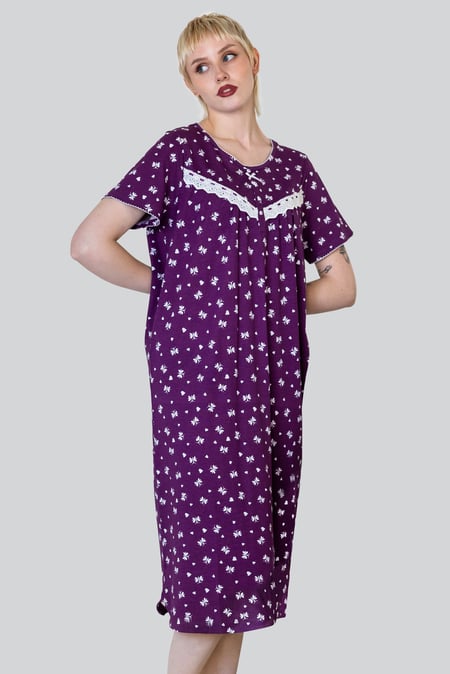 Purple Butterfly Printed S/S Nightwear With Lacetrims