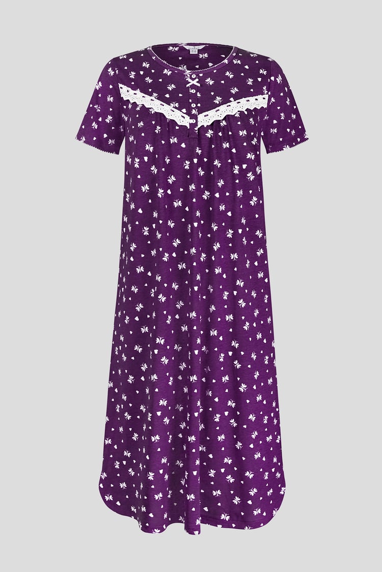 Butterfly Printed S/S Nightwear With Lacetrims