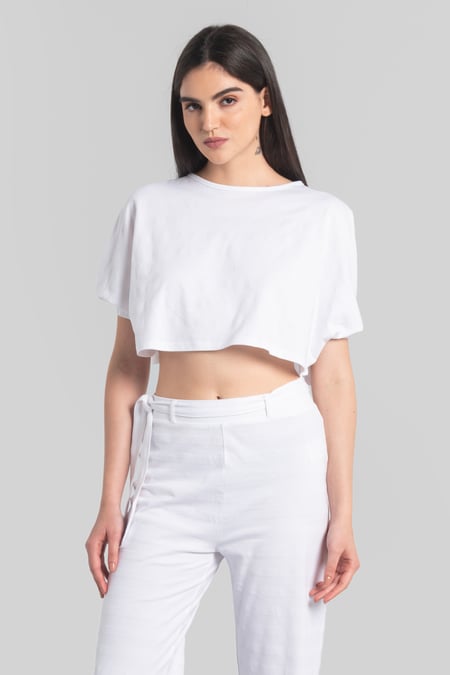 White Wide Trouser And Crop Blouson Sleeve Top Set