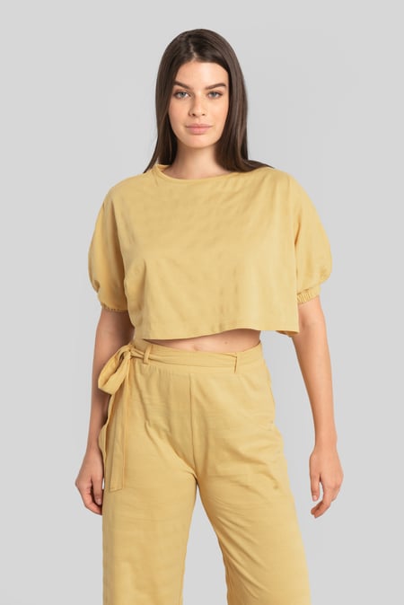 Yellow Wide Trouser And Crop Blouson Sleeve Top Set