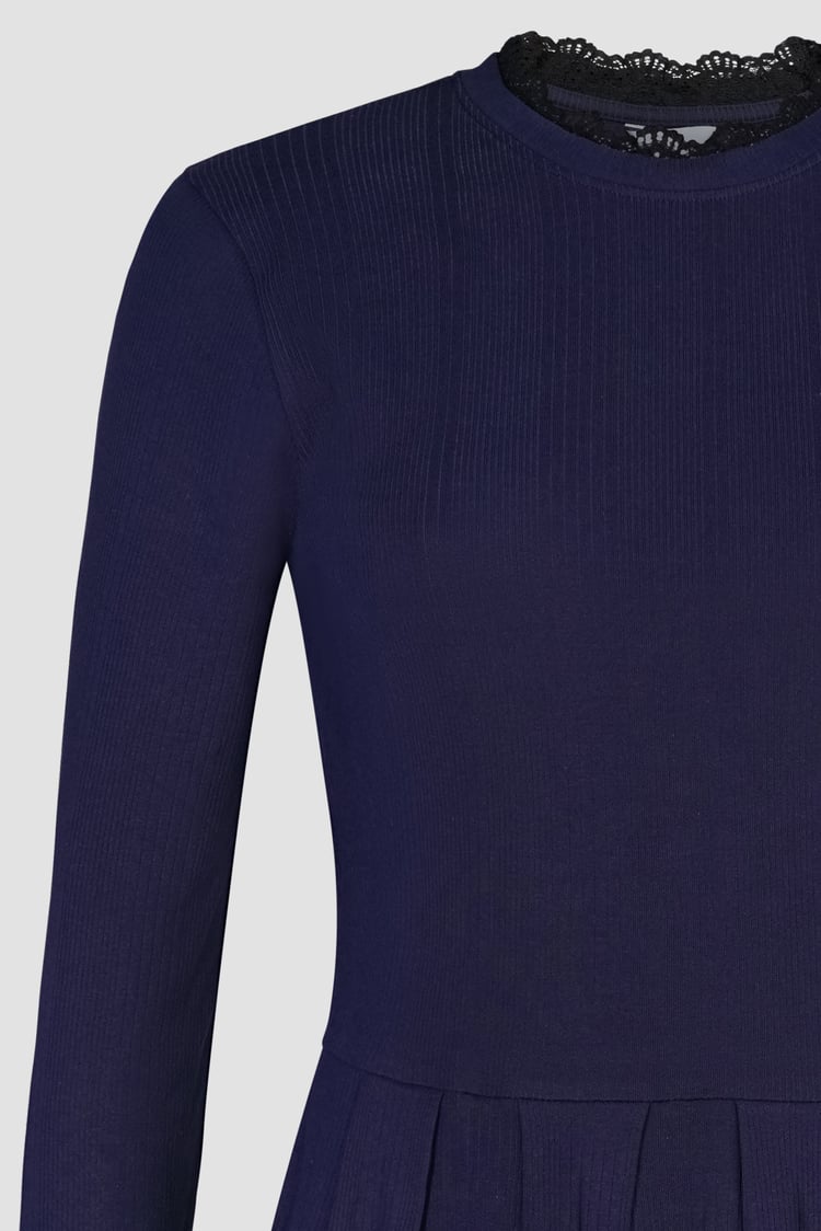 Ribbed Jersey Mini Dress With Lace Neck