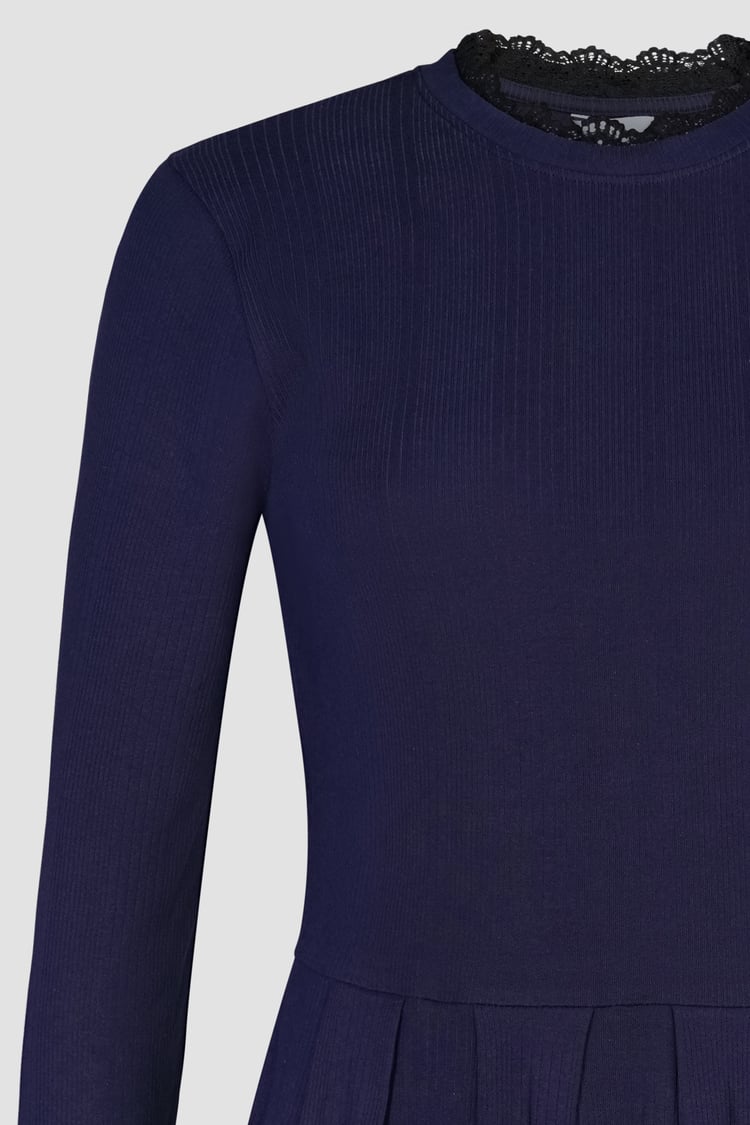 Ribbed Jersey Mini Dress With Lace Neck