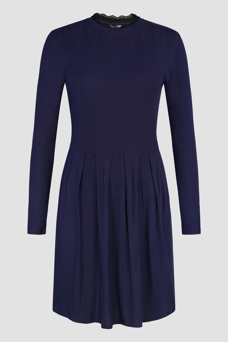 Ribbed Jersey Mini Dress With Lace Neck