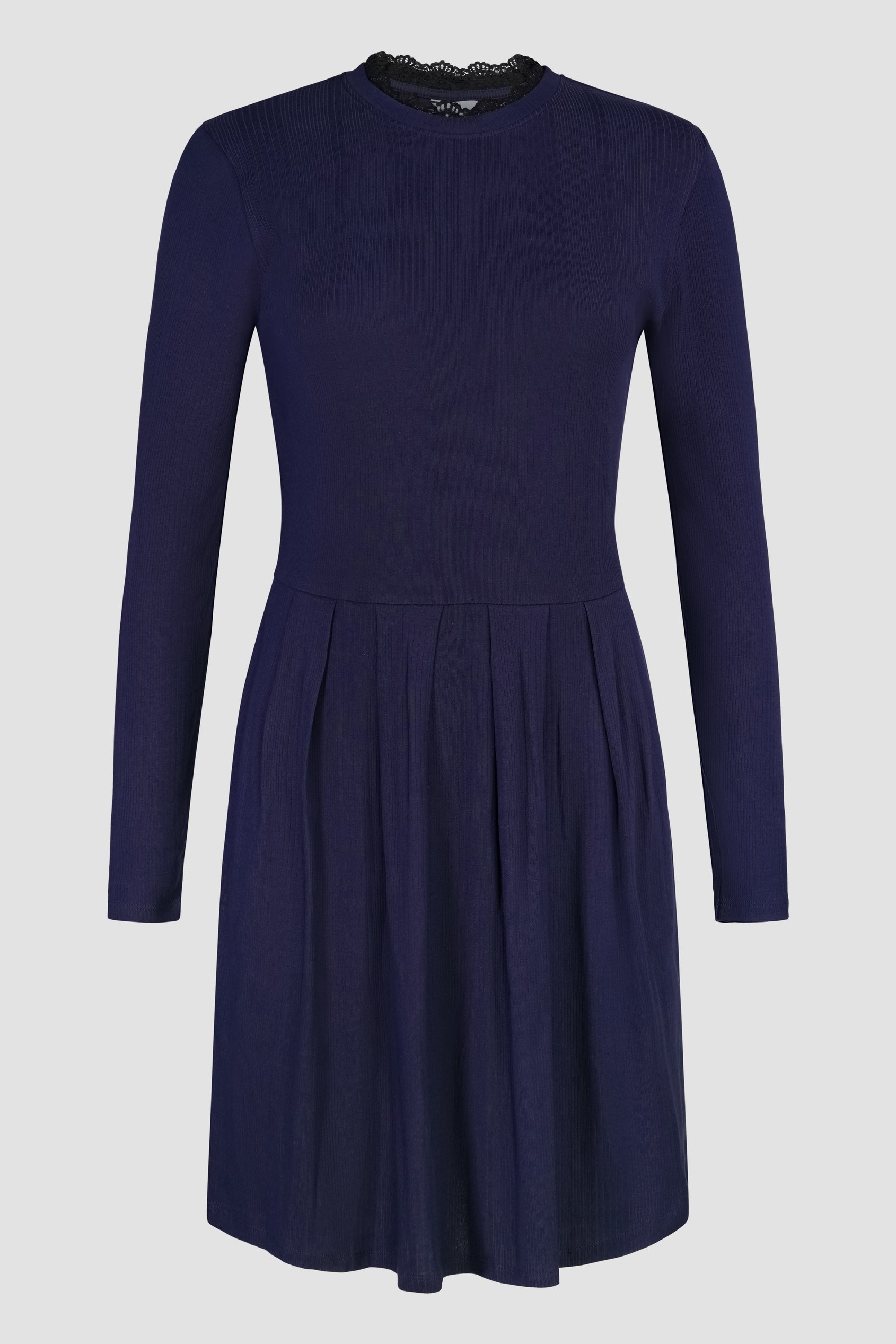 Ribbed Jersey Mini Dress With Lace Neck