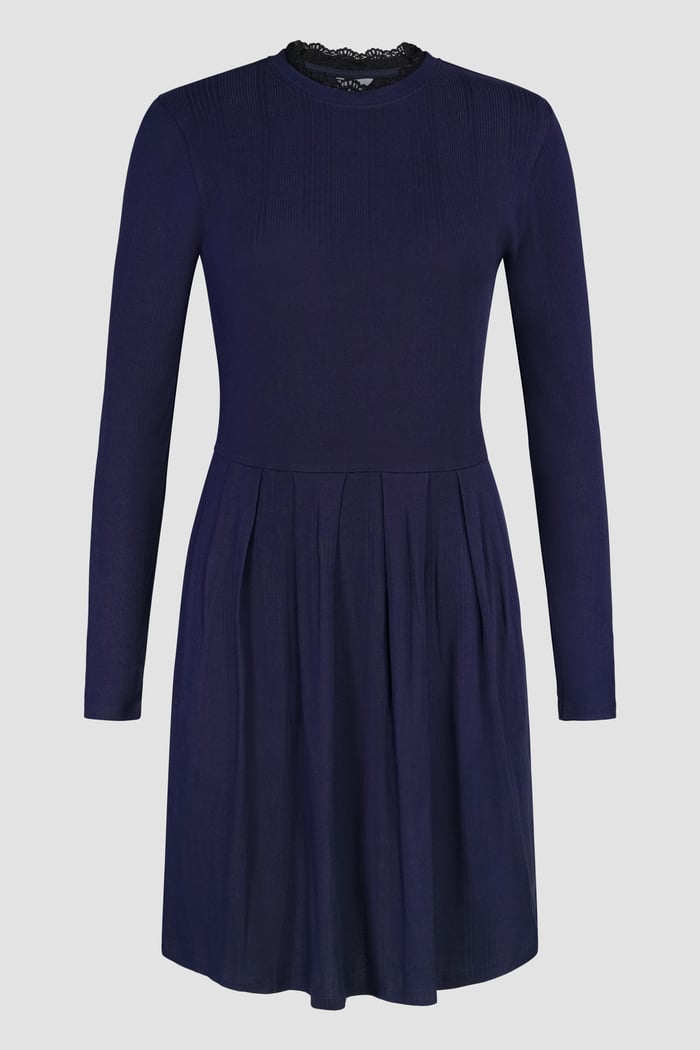 Ribbed Jersey Mini Dress With Lace Neck
