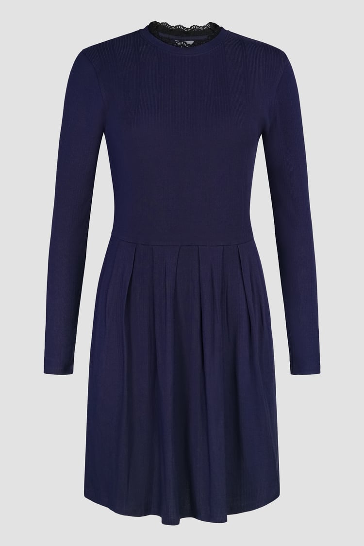 Ribbed Jersey Mini Dress With Lace Neck
