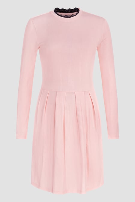 Pink Ribbed Jersey Mini Dress With Lace Neck
