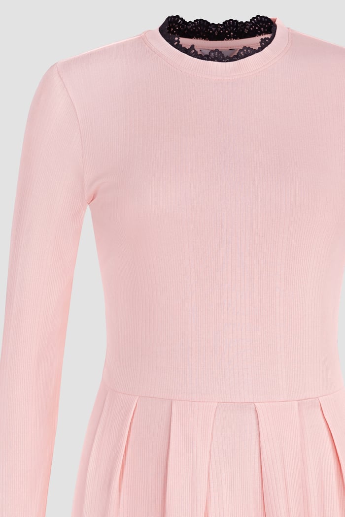 Ribbed Jersey Mini Dress With Lace Neck