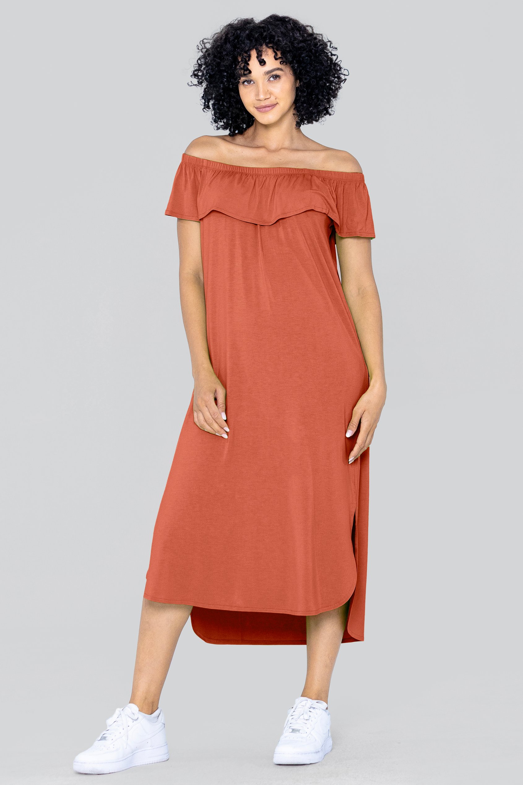 Off Shoulder Ruffle Jersey Dress