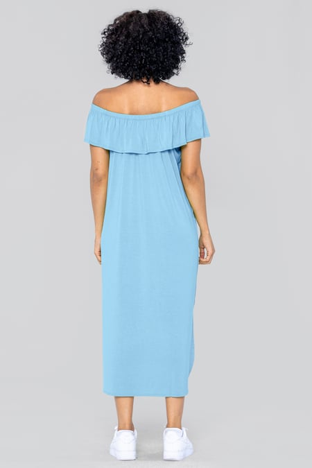 Blue Off Shoulder Ruffle Jersey Dress