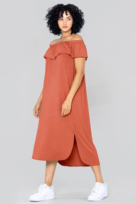 Orange Off Shoulder Ruffle Jersey Dress