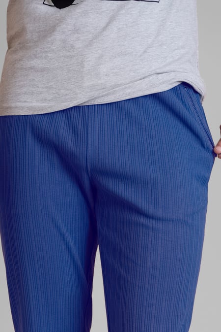Blue Ribbed Jersey Slim Fit Zip Pockets Joggers
