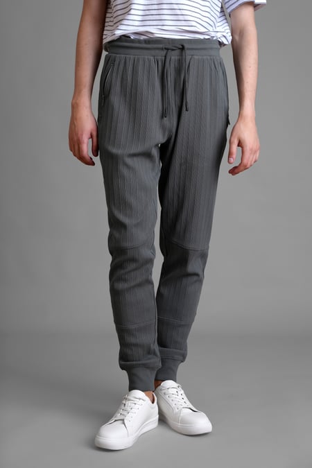 Grey Ribbed Jersey Slim Fit Zip Pockets Joggers