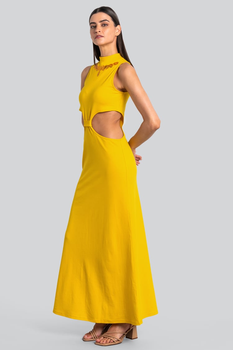 Sequin Embroidered Cut Out Waist Maxi Dress