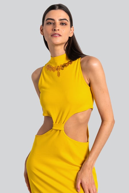 Yellow Sequin Embroidered Cut Out Waist Maxi Dress