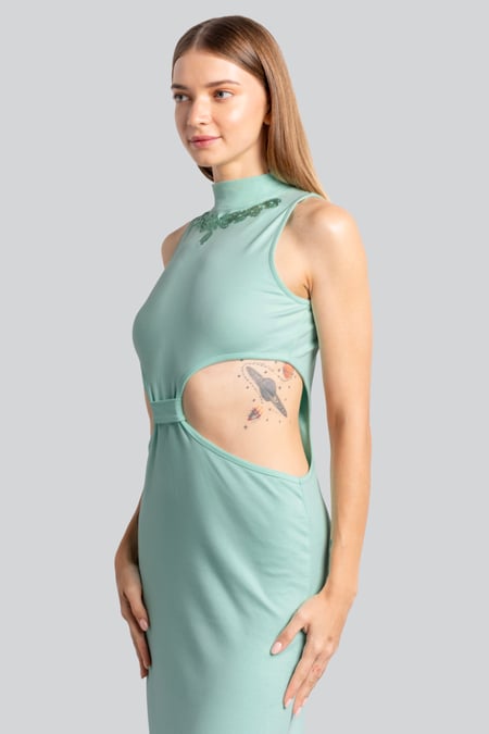 Green Sequin Embroidered Cut Out Waist Maxi Dress