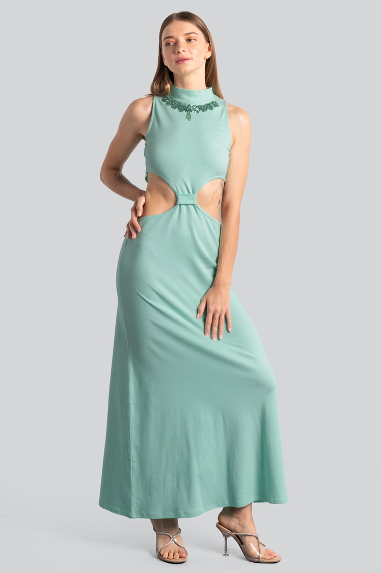 Sequin Embroidered Cut Out Waist Maxi Dress