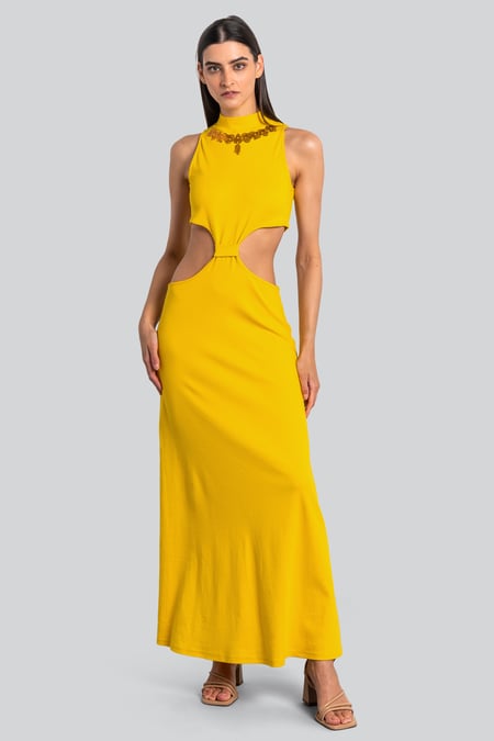 Green Sequin Embroidered Cut Out Waist Maxi Dress