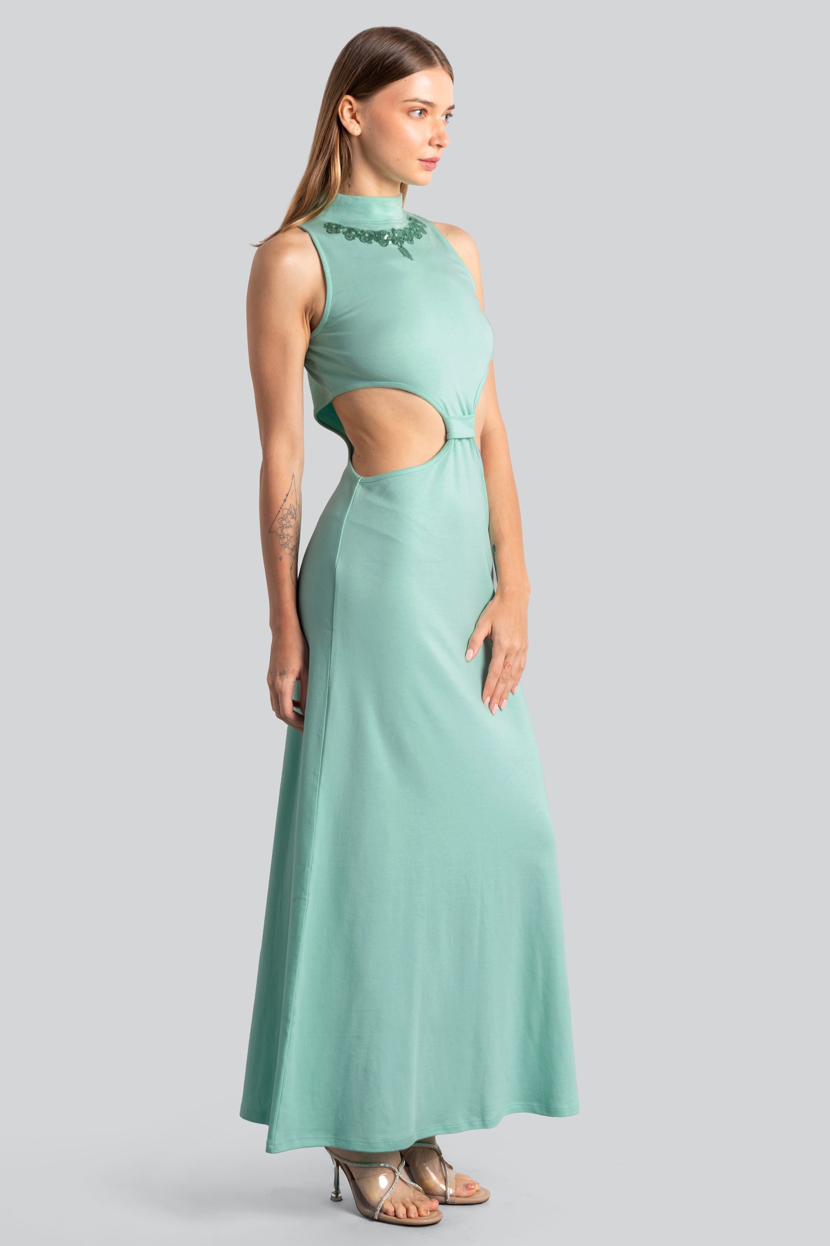 Sequin Embroidered Cut Out Waist Maxi Dress
