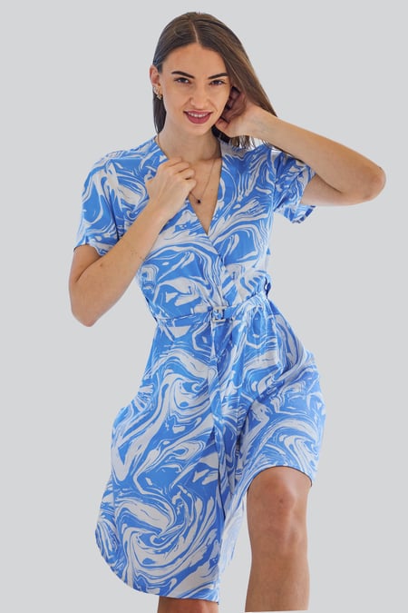 Blue Fluid Print Wrap Dress