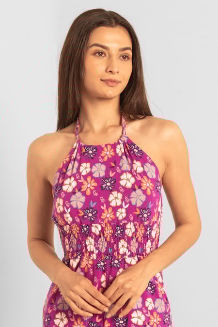 Pink Smocked Waist Floral Printed Playsuit