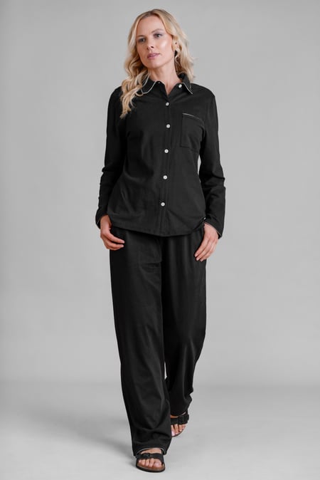 Black 100% Cotton Solid Long Sleeve Shirt and Trouser Set
