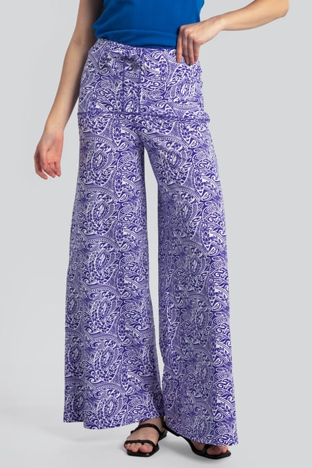 Womens Blue Paisley Printed Wide Leg Trouser