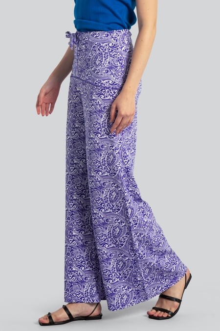 Womens Blue Paisley Printed Wide Leg Trouser