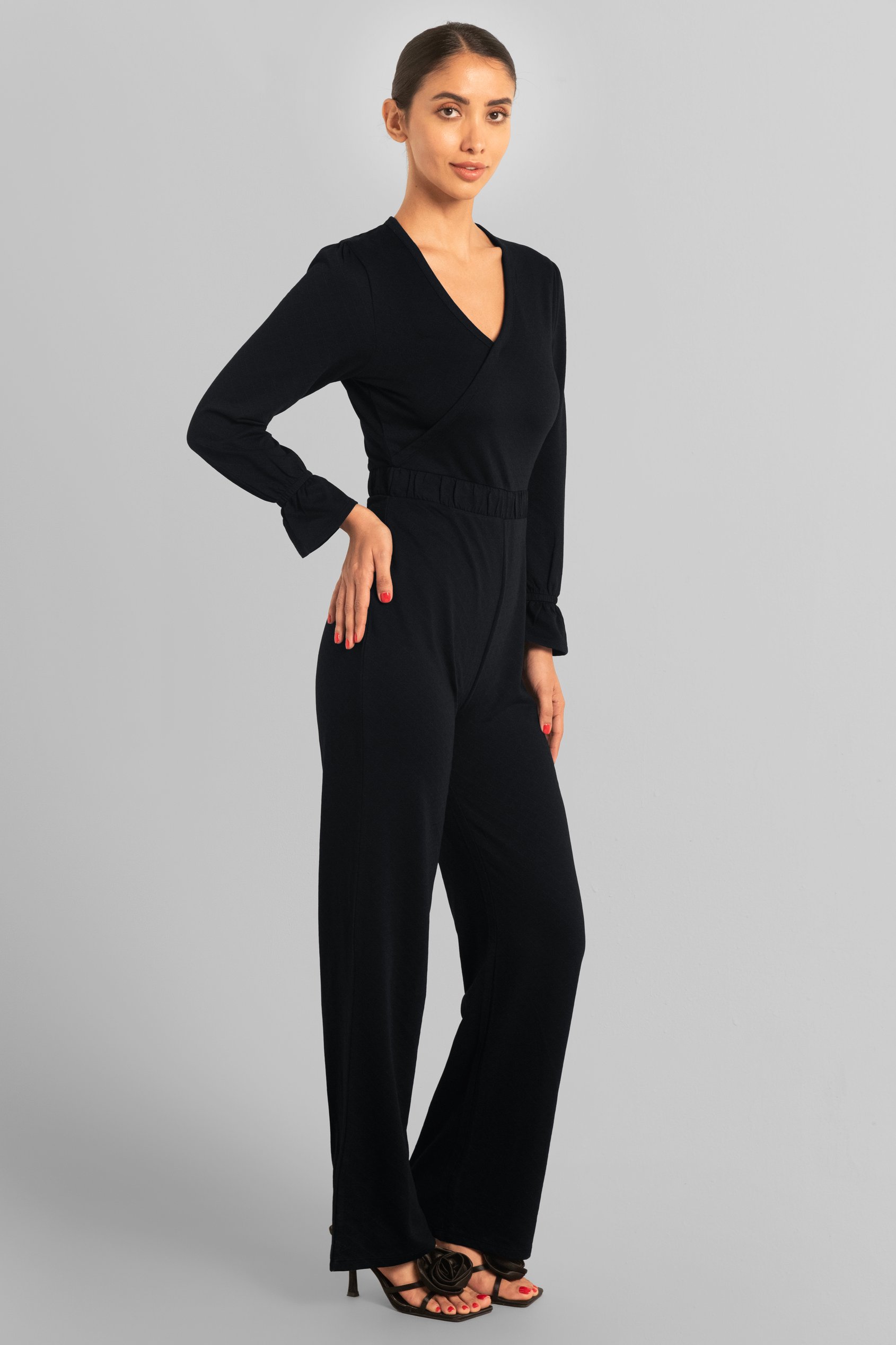 Women Long Sleeve Wrap Jumpsuit