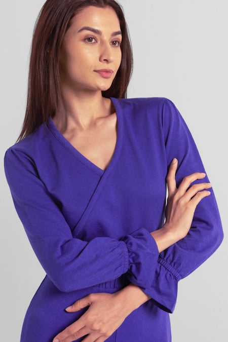 Women Blue Long Sleeve Wrap Jumpsuit