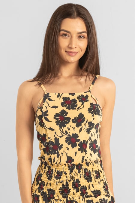 Yellow Smocked Waist Floral Printed Jumpsuit