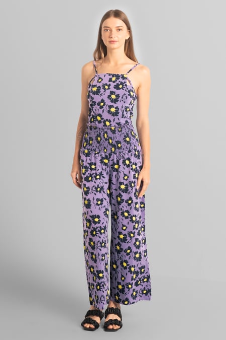 Purple Smocked Waist Floral Printed Jumpsuit
