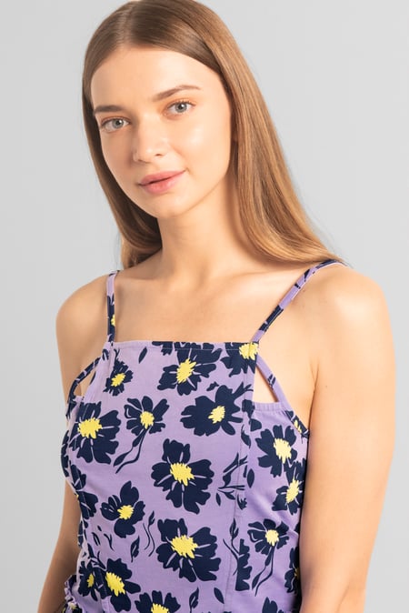 Purple Smocked Waist Floral Printed Jumpsuit
