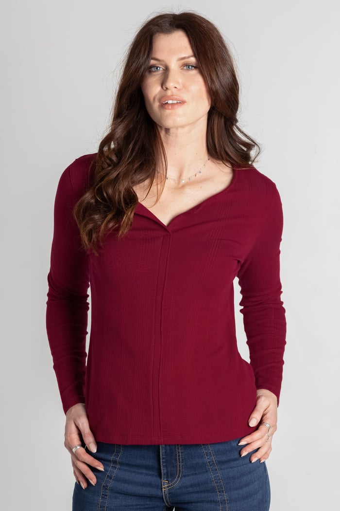 Scoop Neckline Long Sleeve Ribbed Top