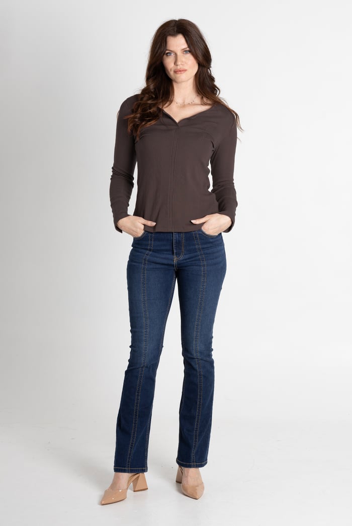 Scoop Neckline Long Sleeve Ribbed Top