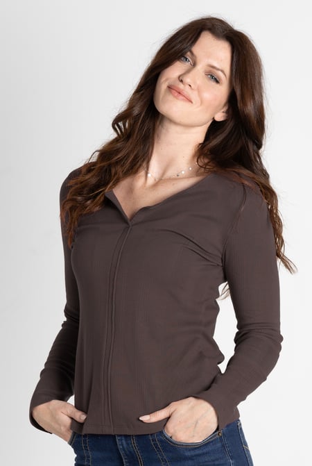 Brown Scoop Neckline Long Sleeve Ribbed Top