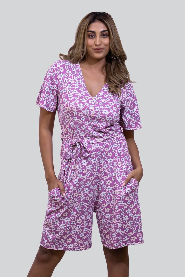 Womens Daisy Floral Print Ribbed Playsuit