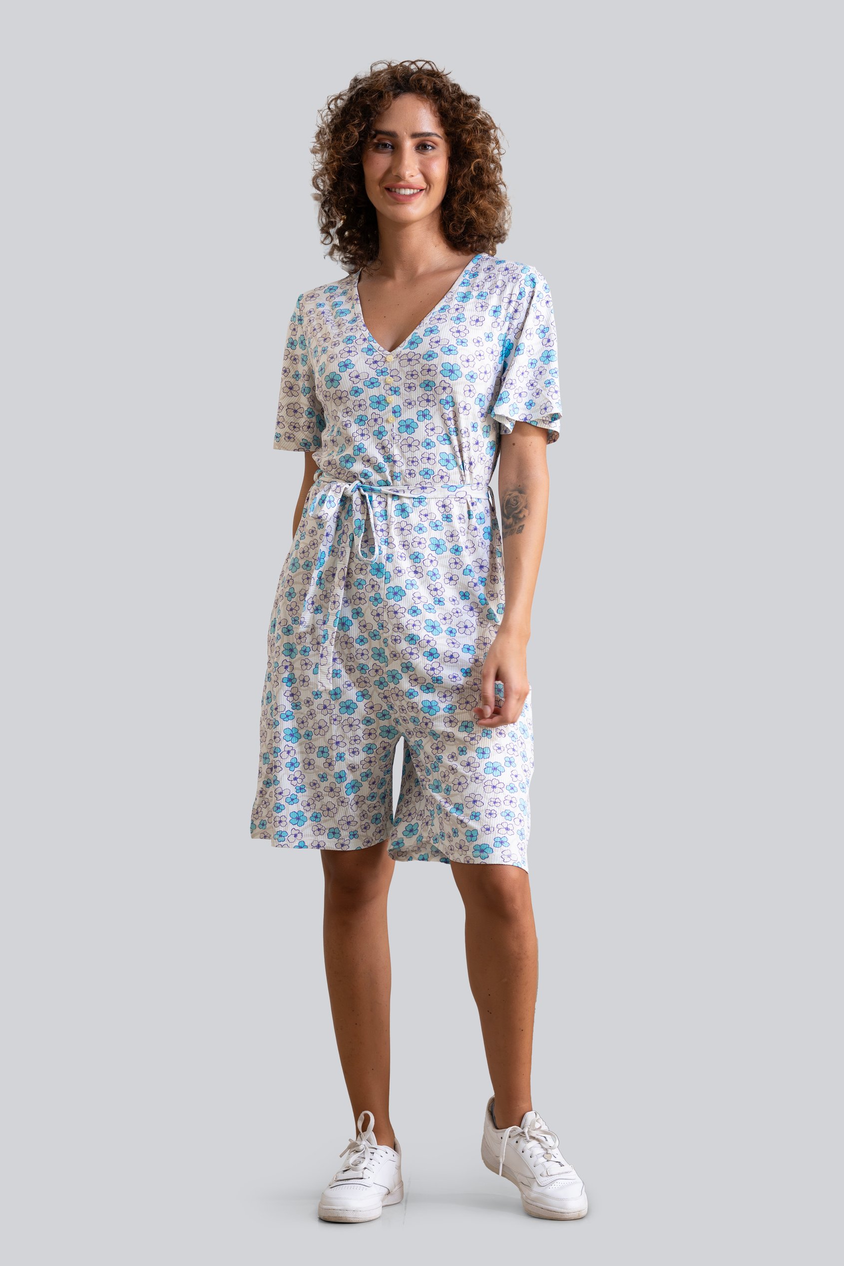 Womens Daisy Floral Print Ribbed Playsuit