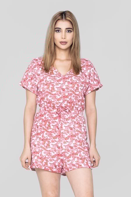 Red Roll up Sleeves AOP Play Suit